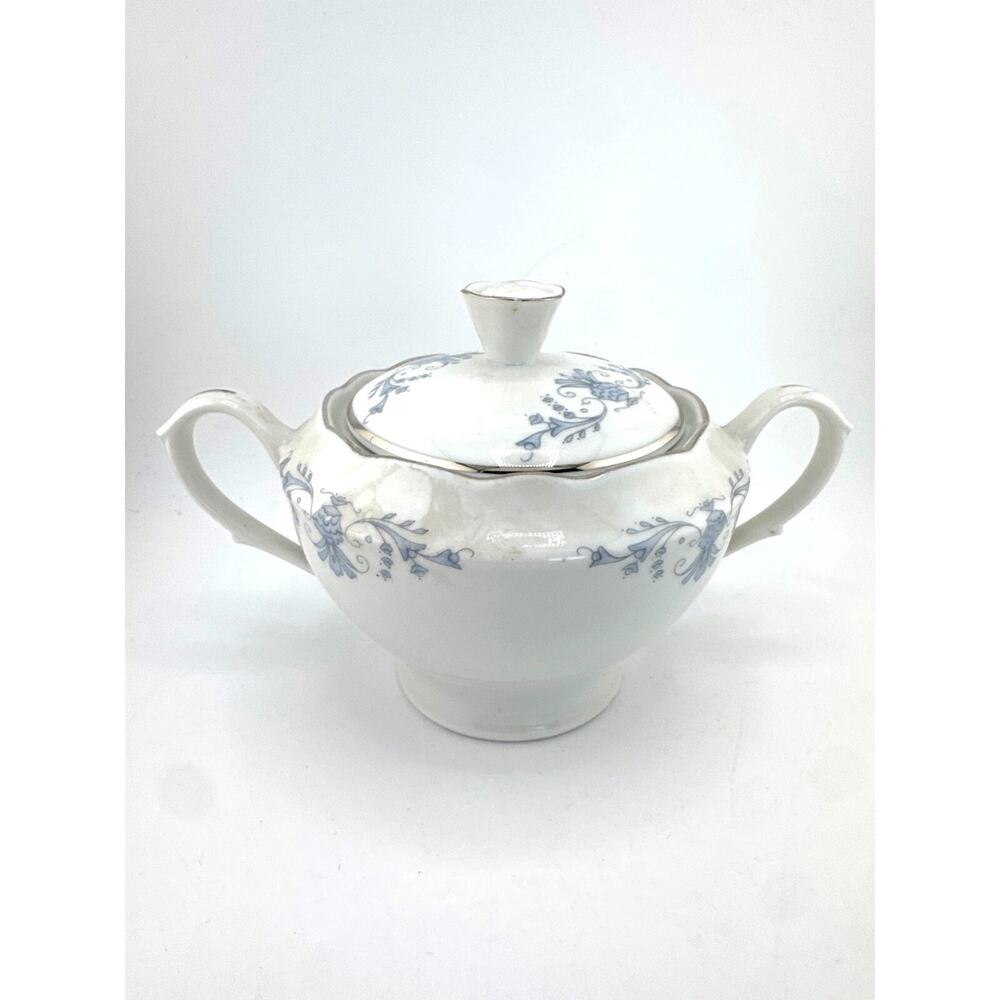 Vintage Smielow Poland Porcelain Sugar Bowl Lid Blue Floral Silver‎ Trim